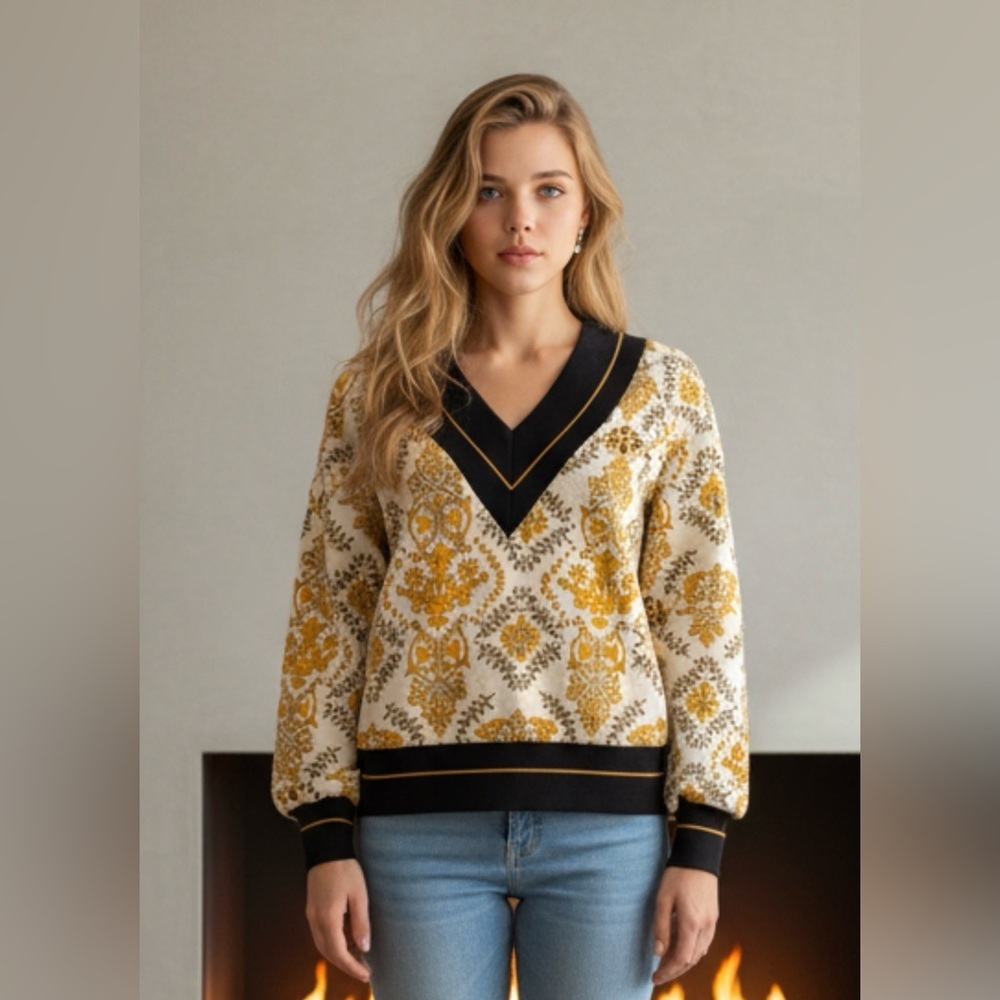 Elegant Cream and Gold V-Neck Sweater